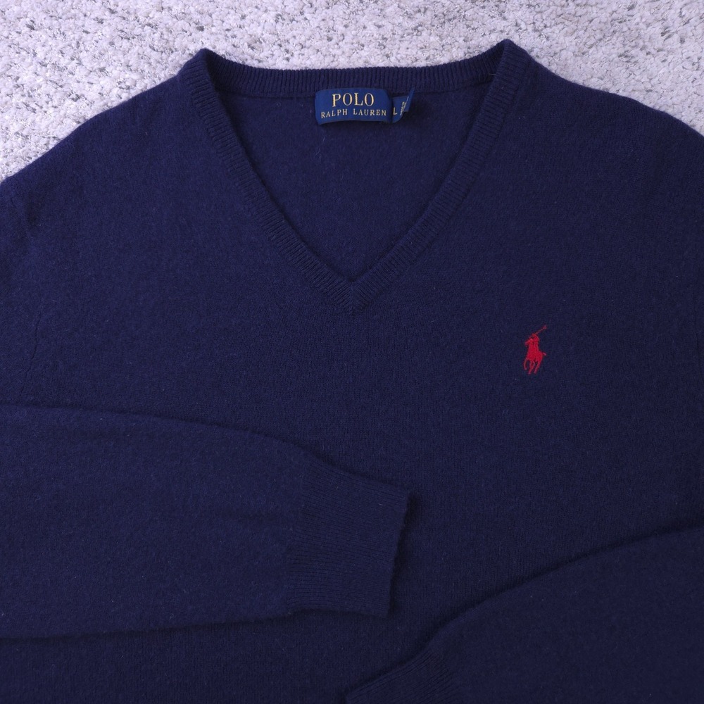 Polo Ralph Lauren Sweater Men Large Wool 100% Pullover V-Neck Navy Red Pony Logo